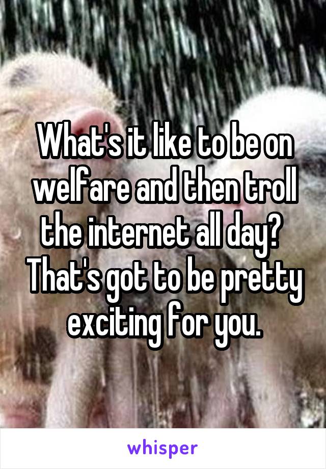 What's it like to be on welfare and then troll the internet all day?  That's got to be pretty exciting for you.