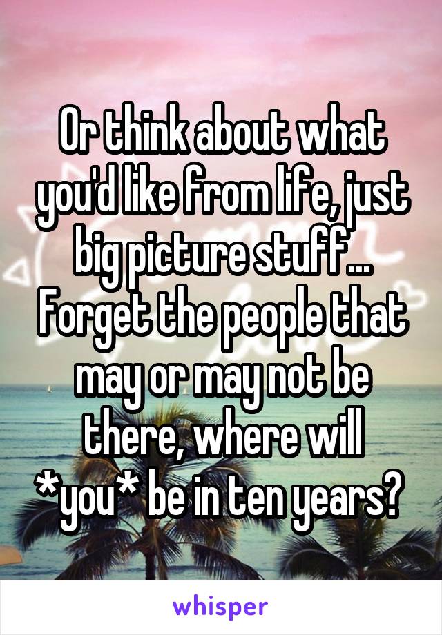 Or think about what you'd like from life, just big picture stuff... Forget the people that may or may not be there, where will *you* be in ten years? 