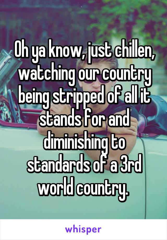 Oh ya know, just chillen, watching our country being stripped of all it stands for and diminishing to standards of a 3rd world country. 