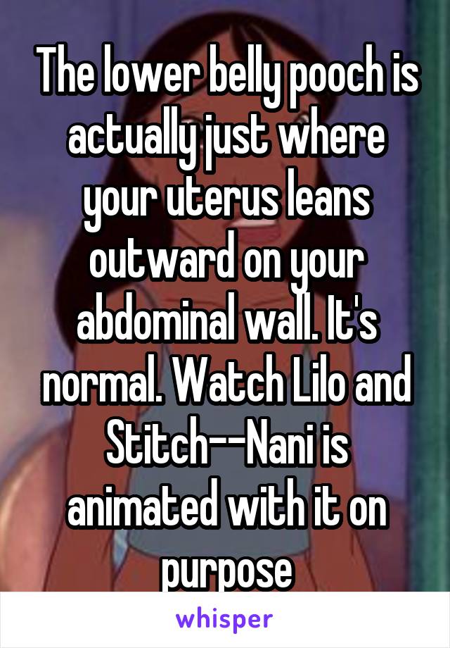 The lower belly pooch is actually just where your uterus leans outward on your abdominal wall. It's normal. Watch Lilo and Stitch--Nani is animated with it on purpose