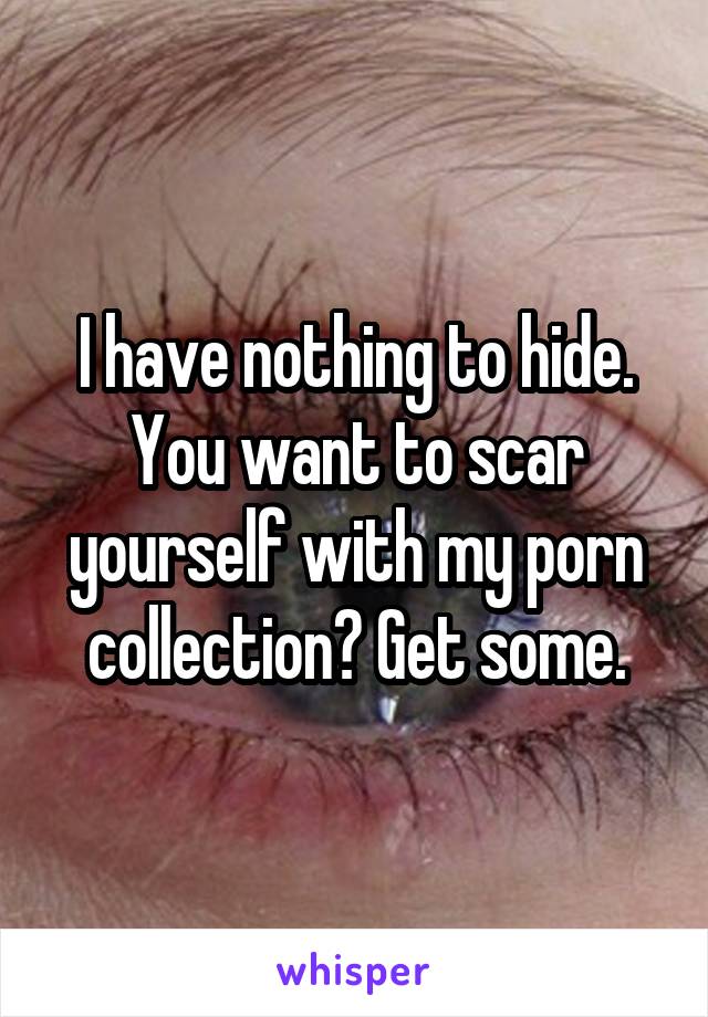 I have nothing to hide. You want to scar yourself with my porn collection? Get some.