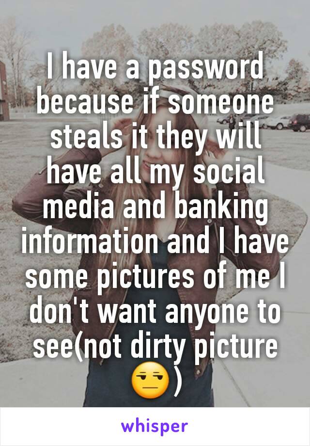 I have a password because if someone steals it they will have all my social media and banking information and I have some pictures of me I don't want anyone to see(not dirty picture 😒)