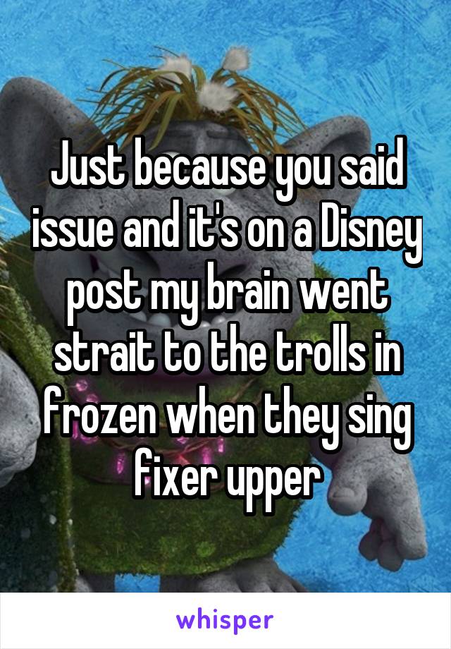 Just because you said issue and it's on a Disney post my brain went strait to the trolls in frozen when they sing fixer upper