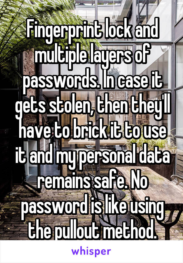 Fingerprint lock and multiple layers of passwords. In case it gets stolen, then they'll have to brick it to use it and my personal data remains safe. No password is like using the pullout method.