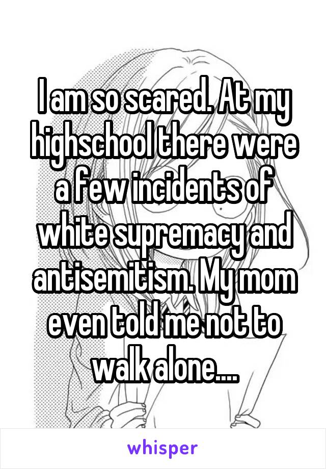 I am so scared. At my highschool there were a few incidents of white supremacy and antisemitism. My mom even told me not to walk alone....