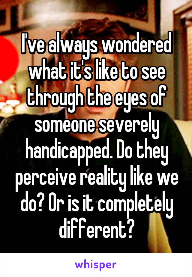 I've always wondered what it's like to see through the eyes of someone severely handicapped. Do they perceive reality like we do? Or is it completely different?