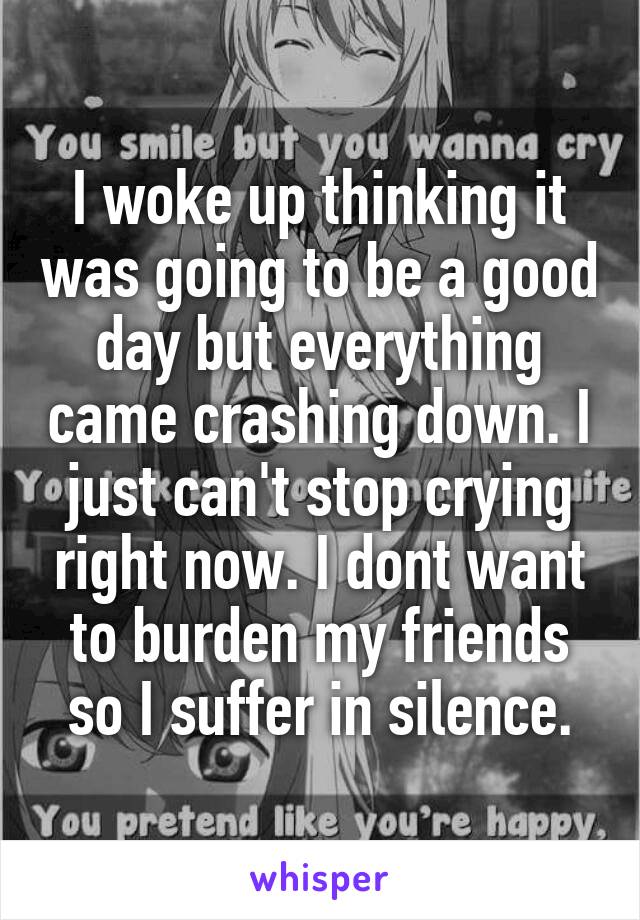 I woke up thinking it was going to be a good day but everything came crashing down. I just can't stop crying right now. I dont want to burden my friends so I suffer in silence.