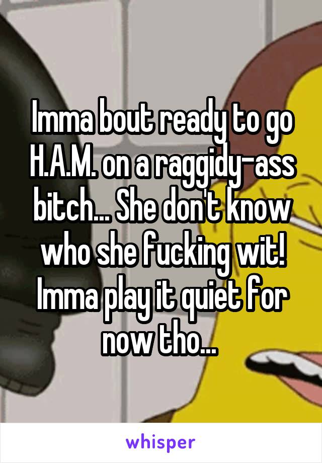 Imma bout ready to go H.A.M. on a raggidy-ass bitch... She don't know who she fucking wit!
Imma play it quiet for now tho... 