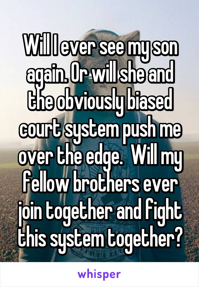 Will I ever see my son again. Or will she and the obviously biased court system push me over the edge.  Will my fellow brothers ever join together and fight this system together?