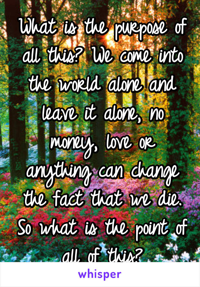 What is the purpose of all this? We come into the world alone and leave it alone, no money, love or anything can change the fact that we die. So what is the point of all of this?