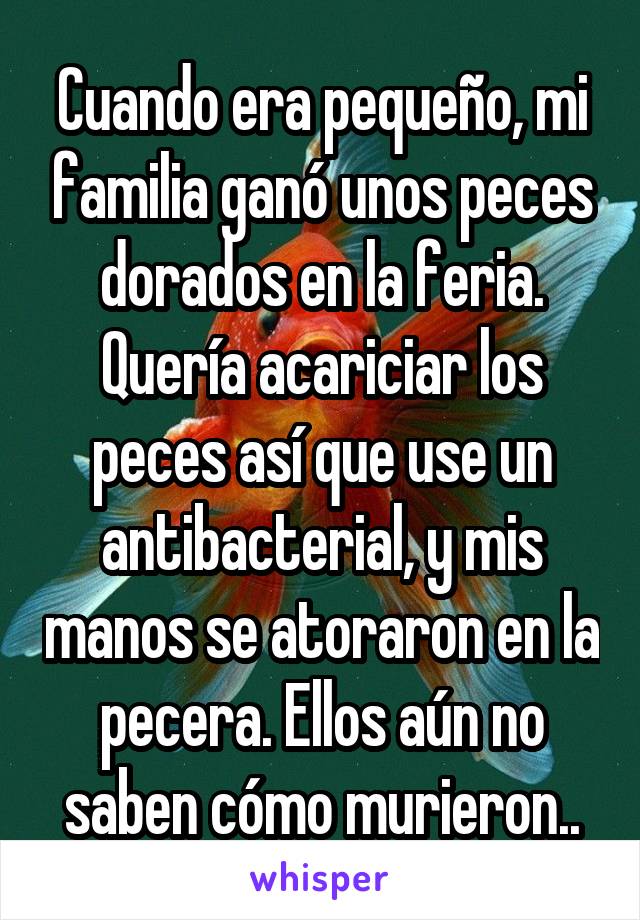 Cuando era pequeño, mi familia ganó unos peces dorados en la feria. Quería acariciar los peces así que use un antibacterial, y mis manos se atoraron en la pecera. Ellos aún no saben cómo murieron..