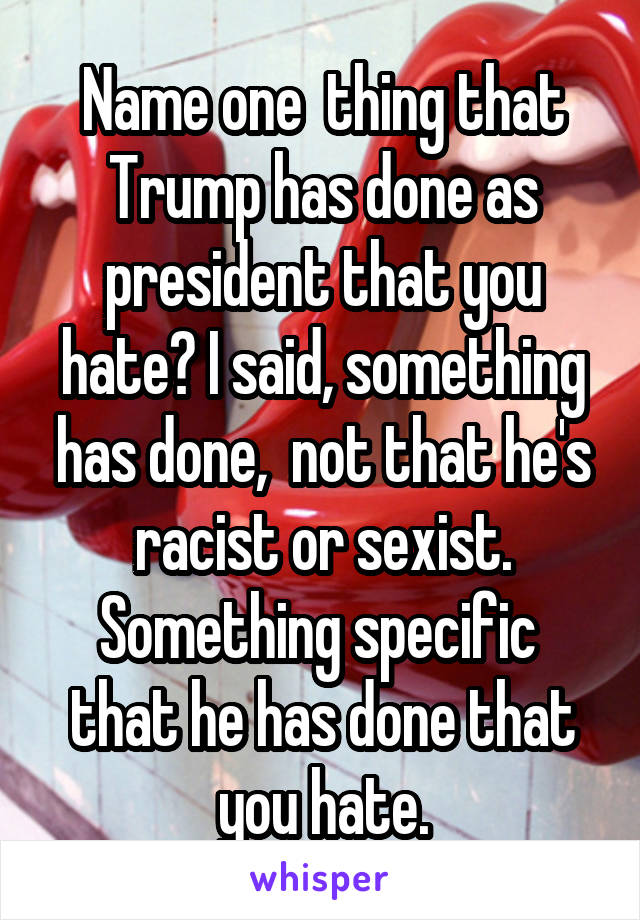 Name one  thing that Trump has done as president that you hate? I said, something has done,  not that he's racist or sexist. Something specific  that he has done that you hate.