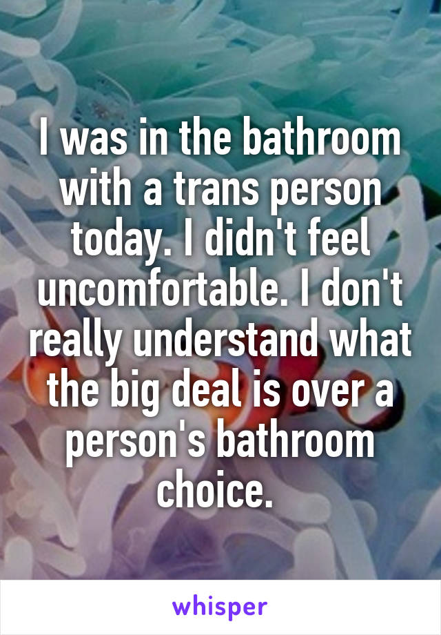 I was in the bathroom with a trans person today. I didn't feel uncomfortable. I don't really understand what the big deal is over a person's bathroom choice. 