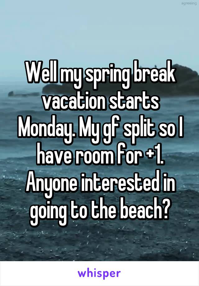 Well my spring break vacation starts Monday. My gf split so I have room for +1. Anyone interested in going to the beach?