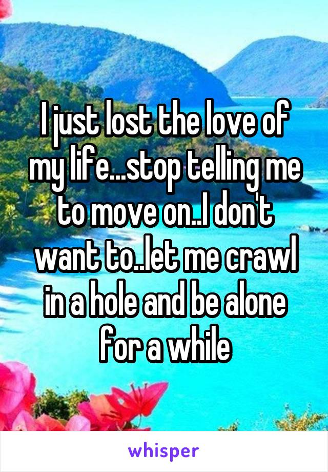 I just lost the love of my life...stop telling me to move on..I don't want to..let me crawl in a hole and be alone for a while