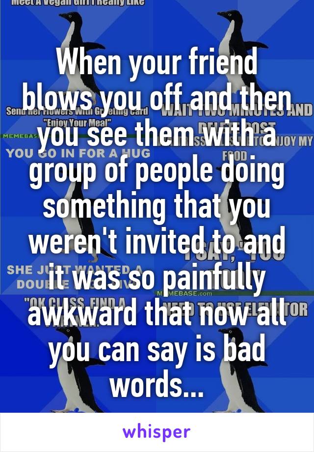 When your friend blows you off and then you see them with a group of people doing something that you weren't invited to and it was so painfully awkward that now all you can say is bad words...