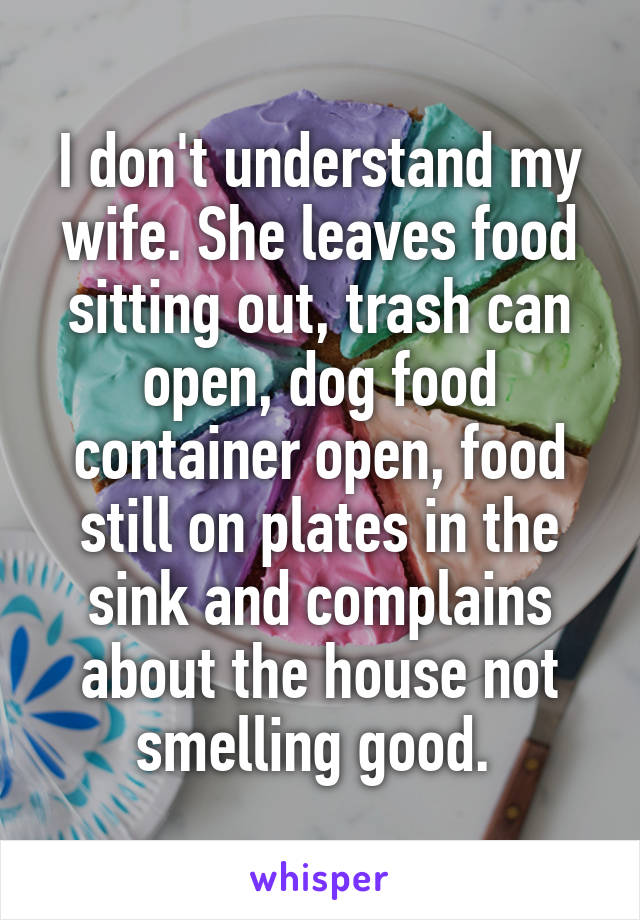 I don't understand my wife. She leaves food sitting out, trash can open, dog food container open, food still on plates in the sink and complains about the house not smelling good. 