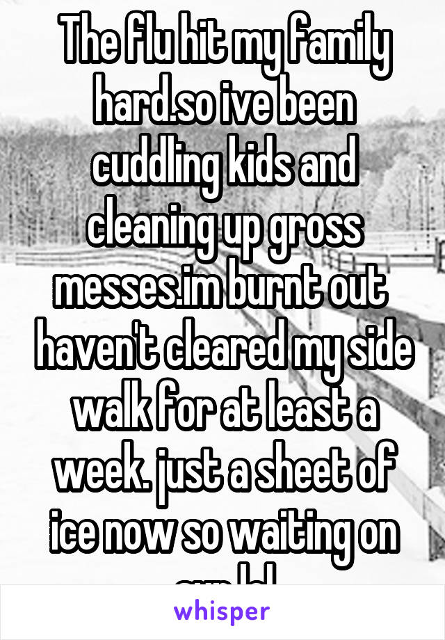 The flu hit my family hard.so ive been cuddling kids and cleaning up gross messes.im burnt out  haven't cleared my side walk for at least a week. just a sheet of ice now so waiting on sun lol