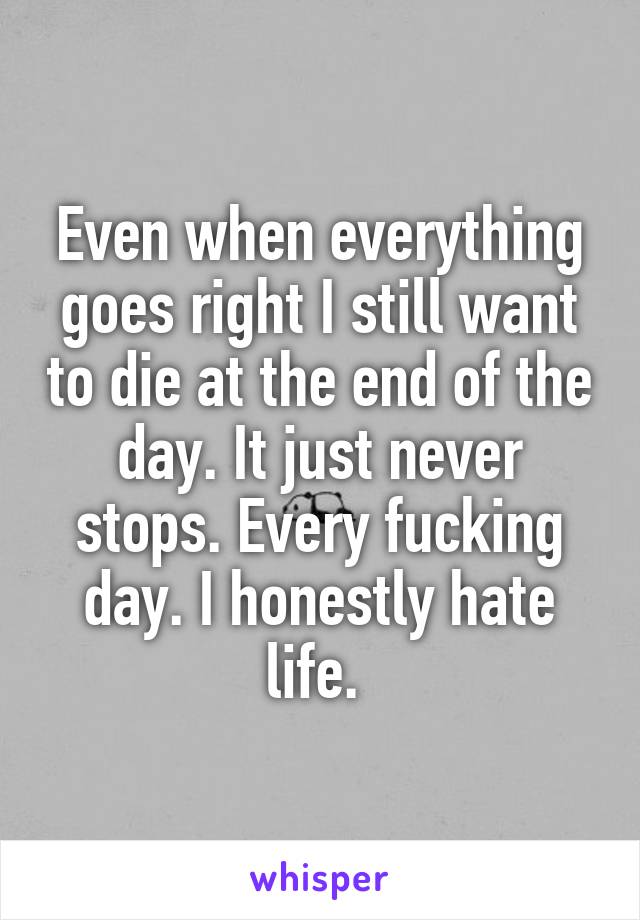 Even when everything goes right I still want to die at the end of the day. It just never stops. Every fucking day. I honestly hate life. 