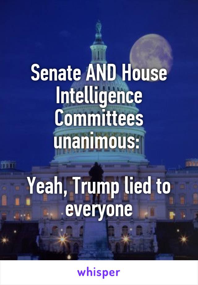 Senate AND House Intelligence Committees unanimous: 

Yeah, Trump lied to everyone