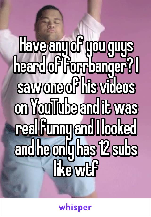 Have any of you guys heard of forrbanger? I saw one of his videos on YouTube and it was real funny and I looked and he only has 12 subs like wtf