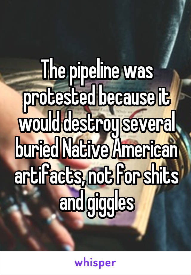 The pipeline was protested because it would destroy several buried Native American artifacts, not for shits and giggles