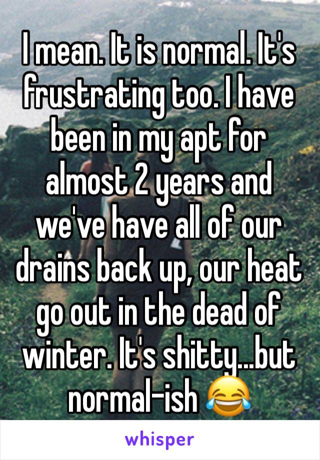 I mean. It is normal. It's frustrating too. I have been in my apt for almost 2 years and we've have all of our drains back up, our heat go out in the dead of winter. It's shitty...but normal-ish 😂