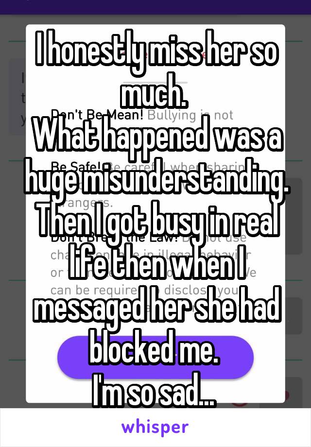 I honestly miss her so much. 
What happened was a huge misunderstanding. Then I got busy in real life then when I messaged her she had blocked me. 
I'm so sad... 