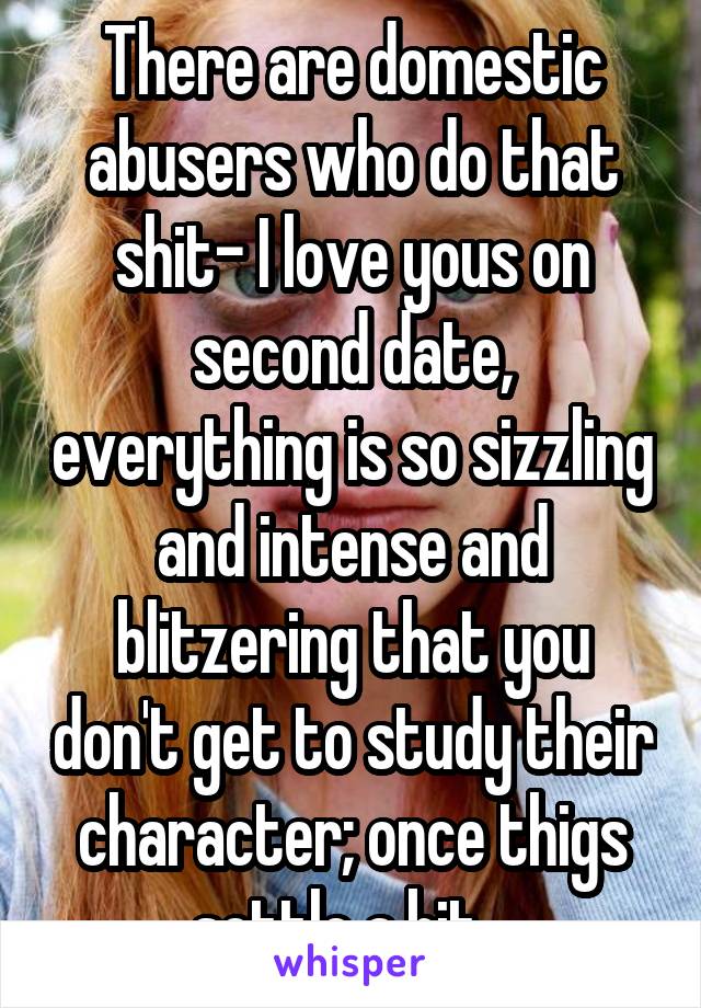 There are domestic abusers who do that shit- I love yous on second date, everything is so sizzling and intense and blitzering that you don't get to study their character; once thigs settle a bit...