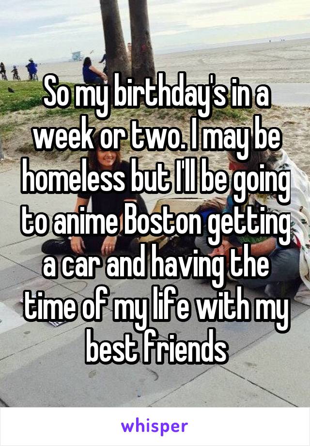 So my birthday's in a week or two. I may be homeless but I'll be going to anime Boston getting a car and having the time of my life with my best friends