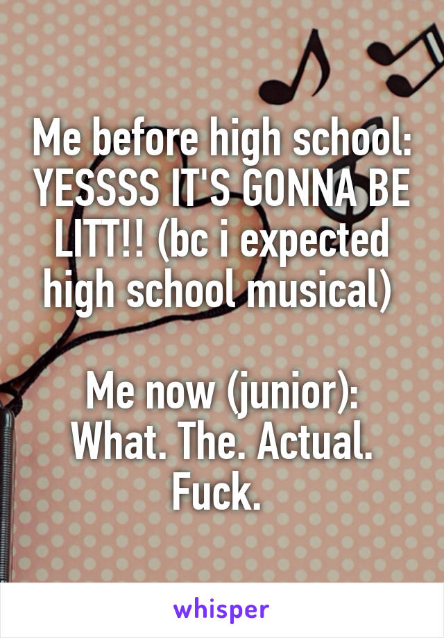 Me before high school: YESSSS IT'S GONNA BE LITT!! (bc i expected high school musical) 

Me now (junior): What. The. Actual. Fuck. 