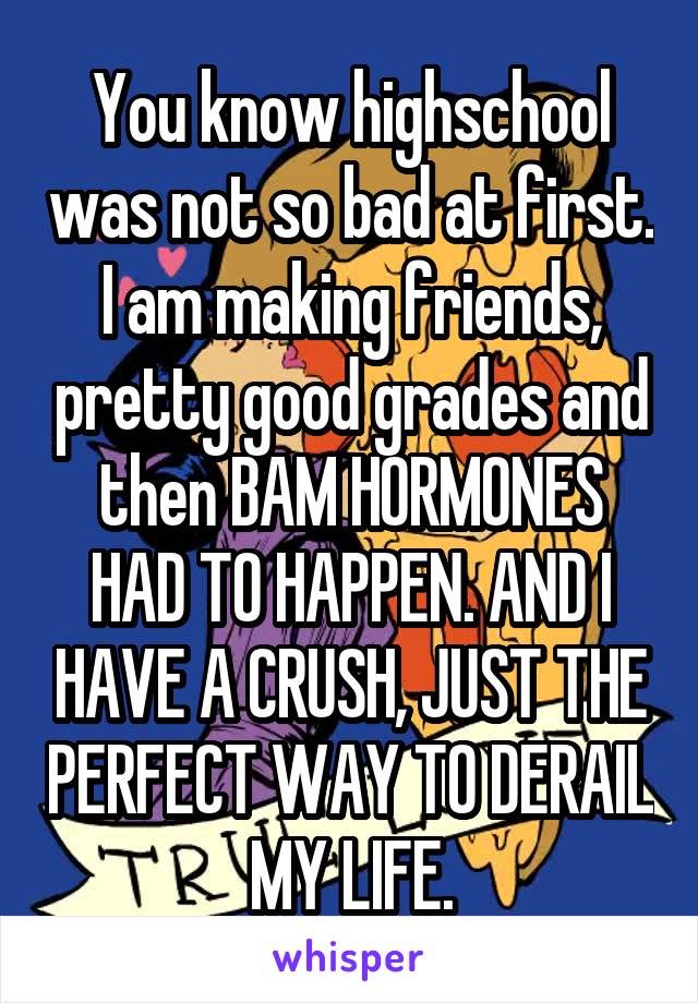 You know highschool was not so bad at first. I am making friends, pretty good grades and then BAM HORMONES HAD TO HAPPEN. AND I HAVE A CRUSH, JUST THE PERFECT WAY TO DERAIL MY LIFE.