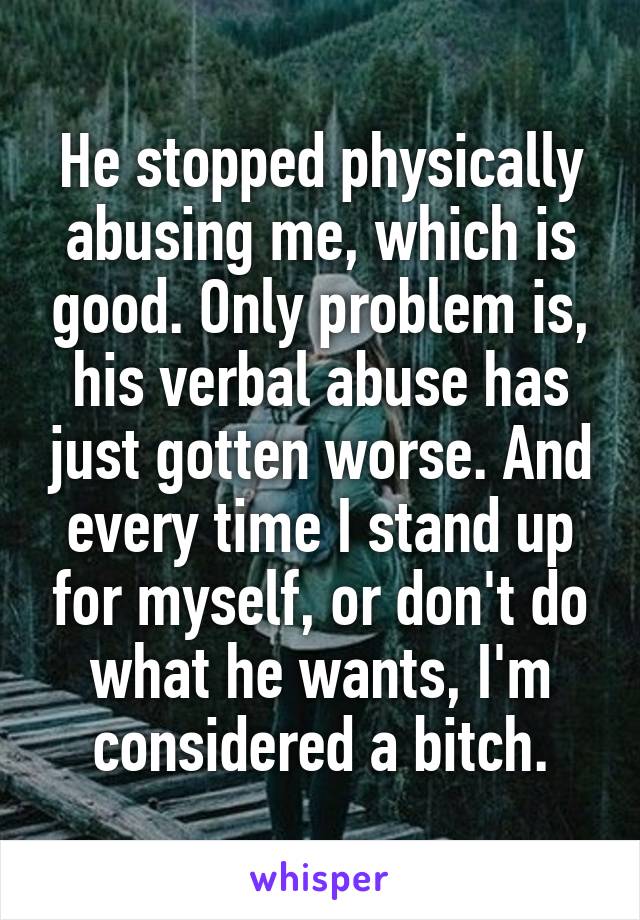 He stopped physically abusing me, which is good. Only problem is, his verbal abuse has just gotten worse. And every time I stand up for myself, or don't do what he wants, I'm considered a bitch.