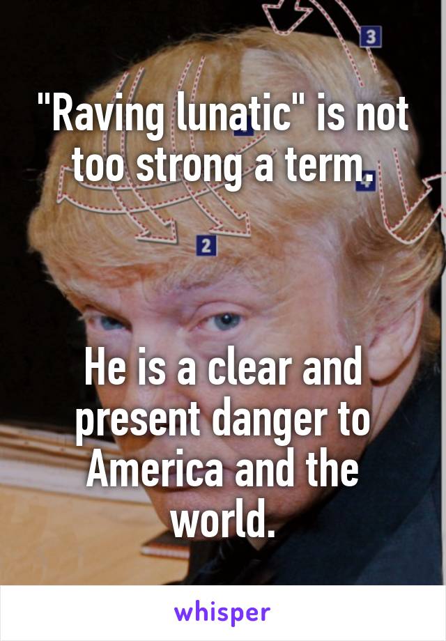 "Raving lunatic" is not too strong a term.



He is a clear and present danger to America and the world.