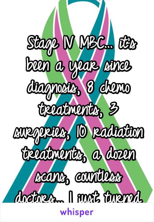 

 Stage IV MBC... it's been a year since diagnosis, 8 chemo treatments, 3 surgeries, 10 radiation treatments, a dozen scans, countless doctors... I just turned 40