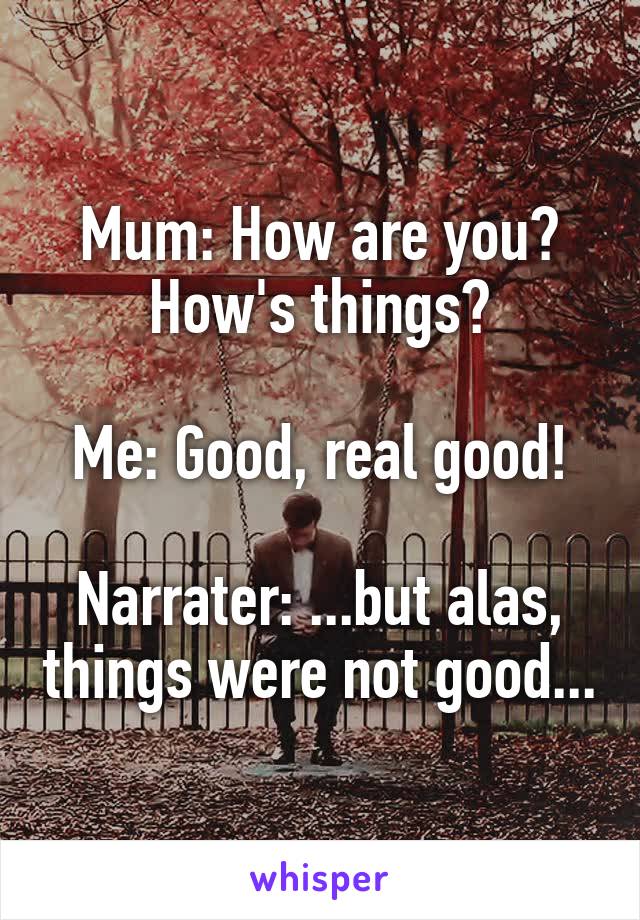 Mum: How are you?
How's things?

Me: Good, real good!

Narrater: ...but alas, things were not good...