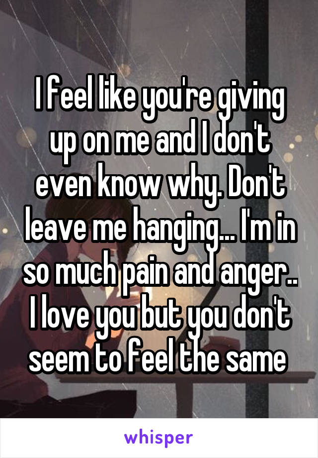 I feel like you're giving up on me and I don't even know why. Don't leave me hanging... I'm in so much pain and anger.. I love you but you don't seem to feel the same 