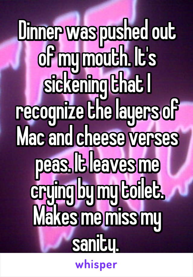 Dinner was pushed out of my mouth. It's sickening that I recognize the layers of Mac and cheese verses peas. It leaves me crying by my toilet. Makes me miss my sanity. 