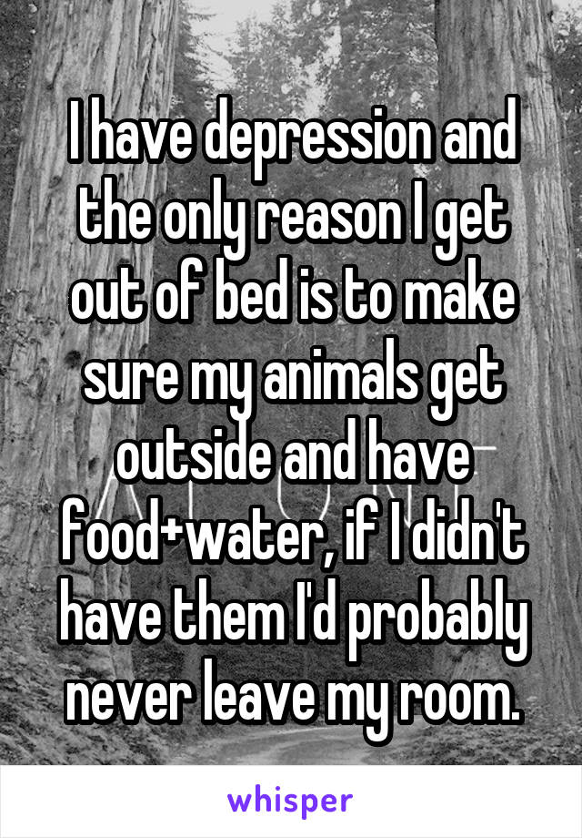 I have depression and the only reason I get out of bed is to make sure my animals get outside and have food+water, if I didn't have them I'd probably never leave my room.