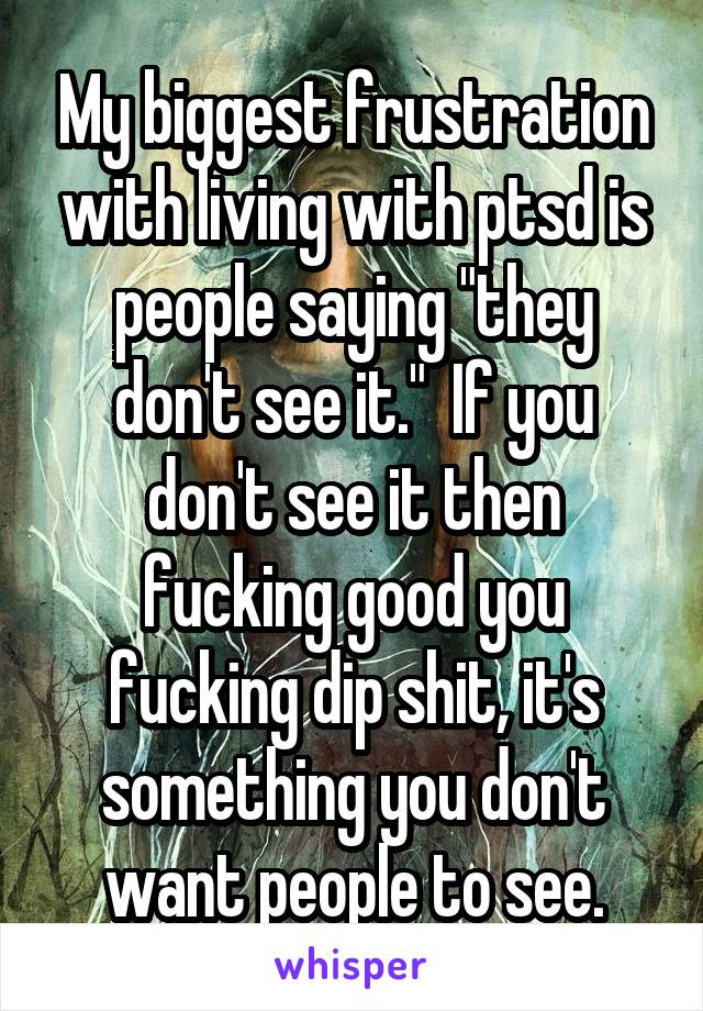 My biggest frustration with living with ptsd is people saying "they don't see it."  If you don't see it then fucking good you fucking dip shit, it's something you don't want people to see.