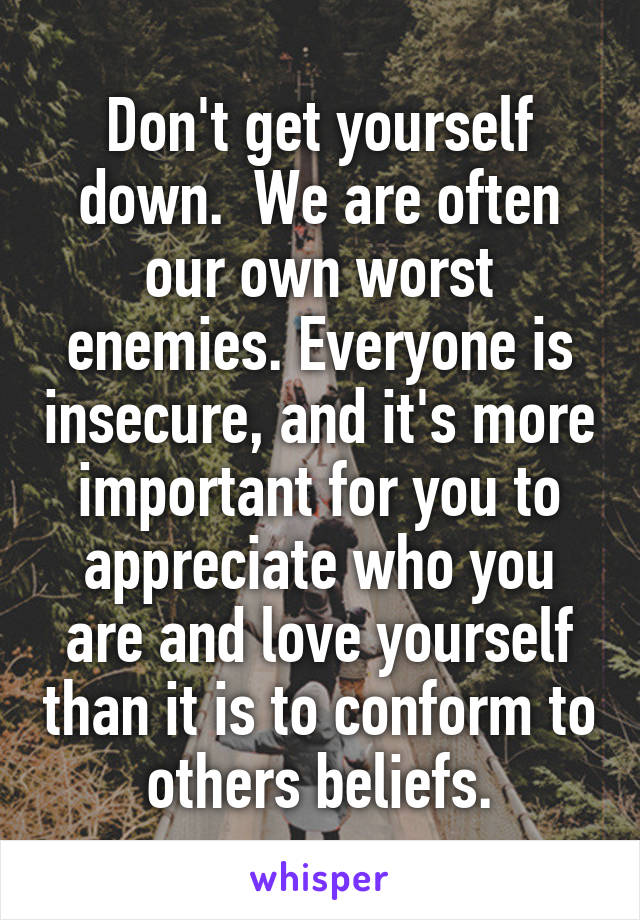 Don't get yourself down.  We are often our own worst enemies. Everyone is insecure, and it's more important for you to appreciate who you are and love yourself than it is to conform to others beliefs.