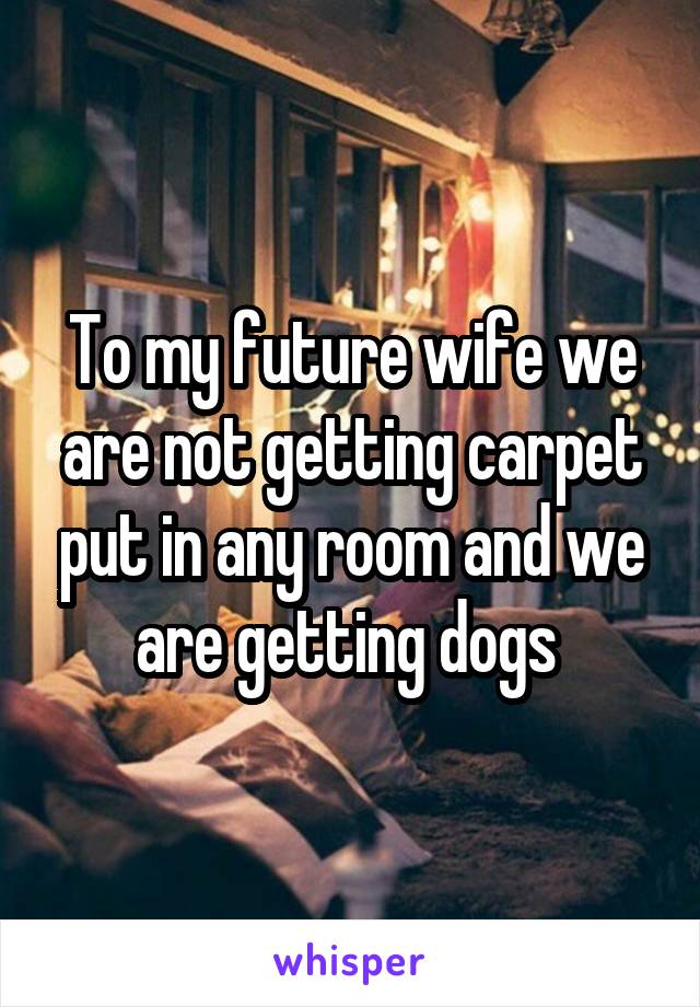 To my future wife we are not getting carpet put in any room and we are getting dogs 