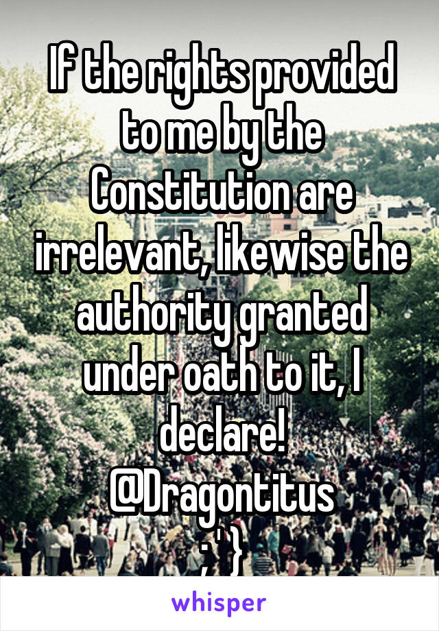 If the rights provided to me by the Constitution are irrelevant, likewise the authority granted under oath to it, I declare!
@Dragontitus
; ' }