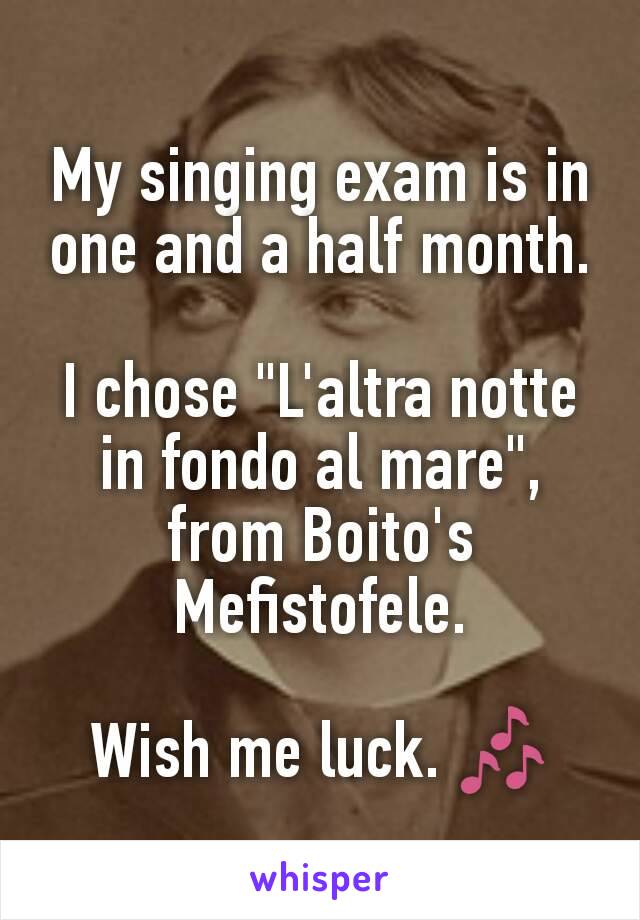 My singing exam is in one and a half month.

I chose "L'altra notte in fondo al mare", from Boito's Mefistofele.

Wish me luck. 🎶