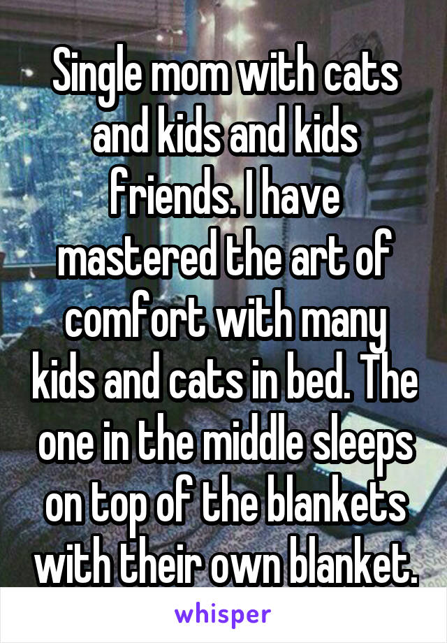 Single mom with cats and kids and kids friends. I have mastered the art of comfort with many kids and cats in bed. The one in the middle sleeps on top of the blankets with their own blanket.