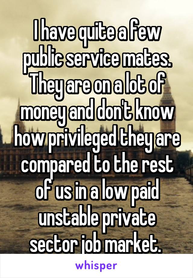 I have quite a few public service mates. They are on a lot of money and don't know how privileged they are compared to the rest of us in a low paid unstable private sector job market. 