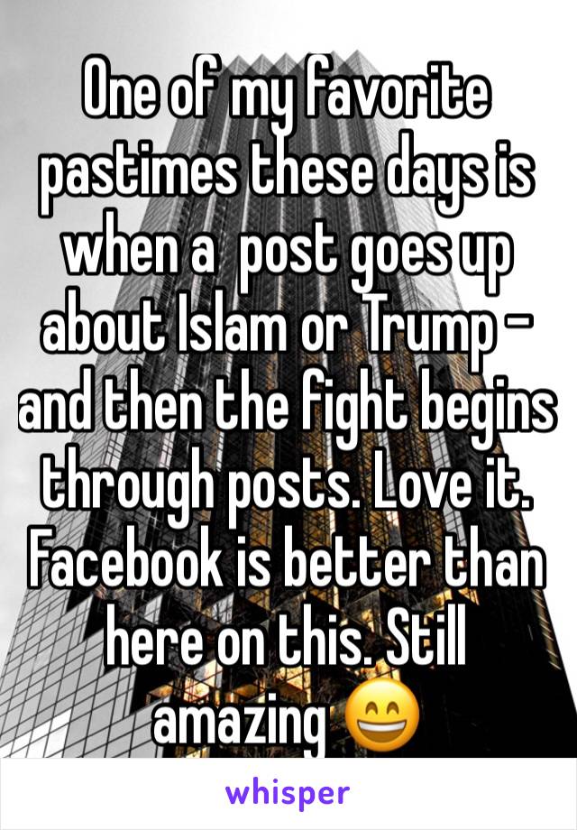 One of my favorite pastimes these days is when a  post goes up about Islam or Trump - and then the fight begins through posts. Love it. Facebook is better than here on this. Still amazing 😄