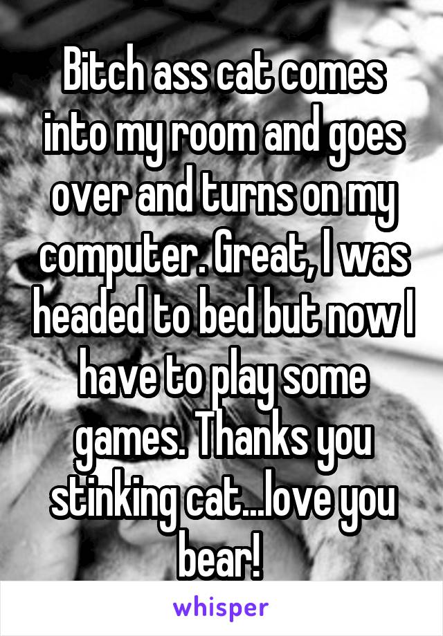 Bitch ass cat comes into my room and goes over and turns on my computer. Great, I was headed to bed but now I have to play some games. Thanks you stinking cat...love you bear! 