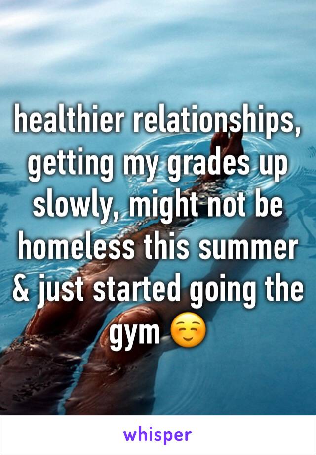 healthier relationships, getting my grades up slowly, might not be homeless this summer & just started going the gym ☺️