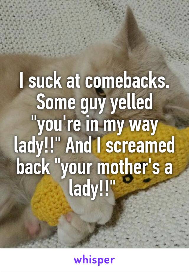 I suck at comebacks. Some guy yelled "you're in my way lady!!" And I screamed back "your mother's a lady!!" 